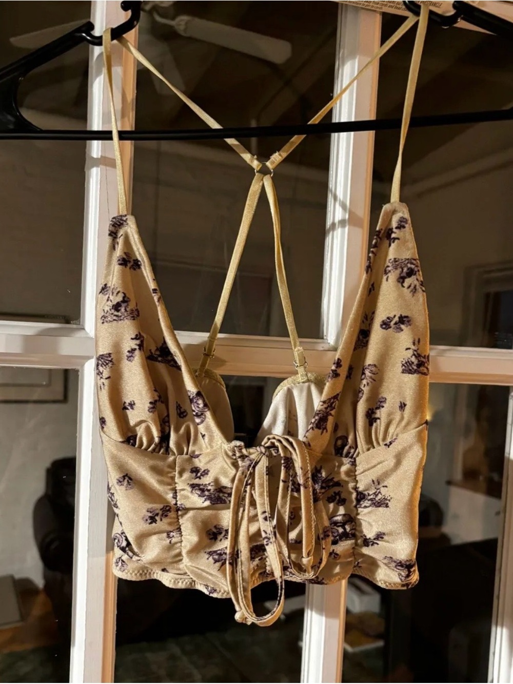 Urban Outfitters Floral Tie-Front Satin Crop Top in Beige